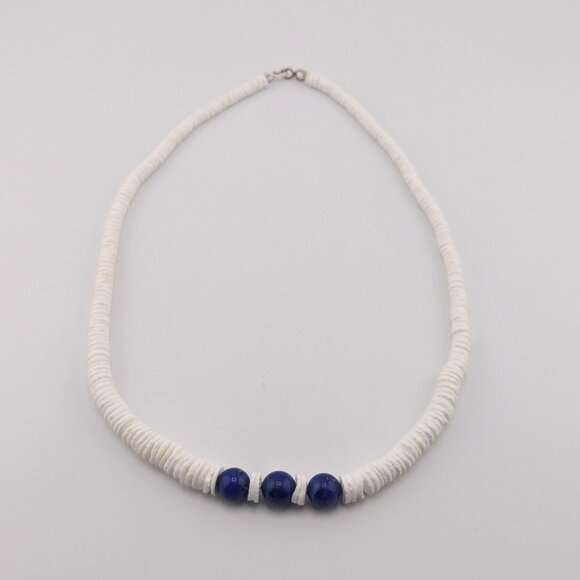 Navajo Graduated White Shell with Lapis Beaded Necklace Southwest Style **‎ - Picture 7 of 13